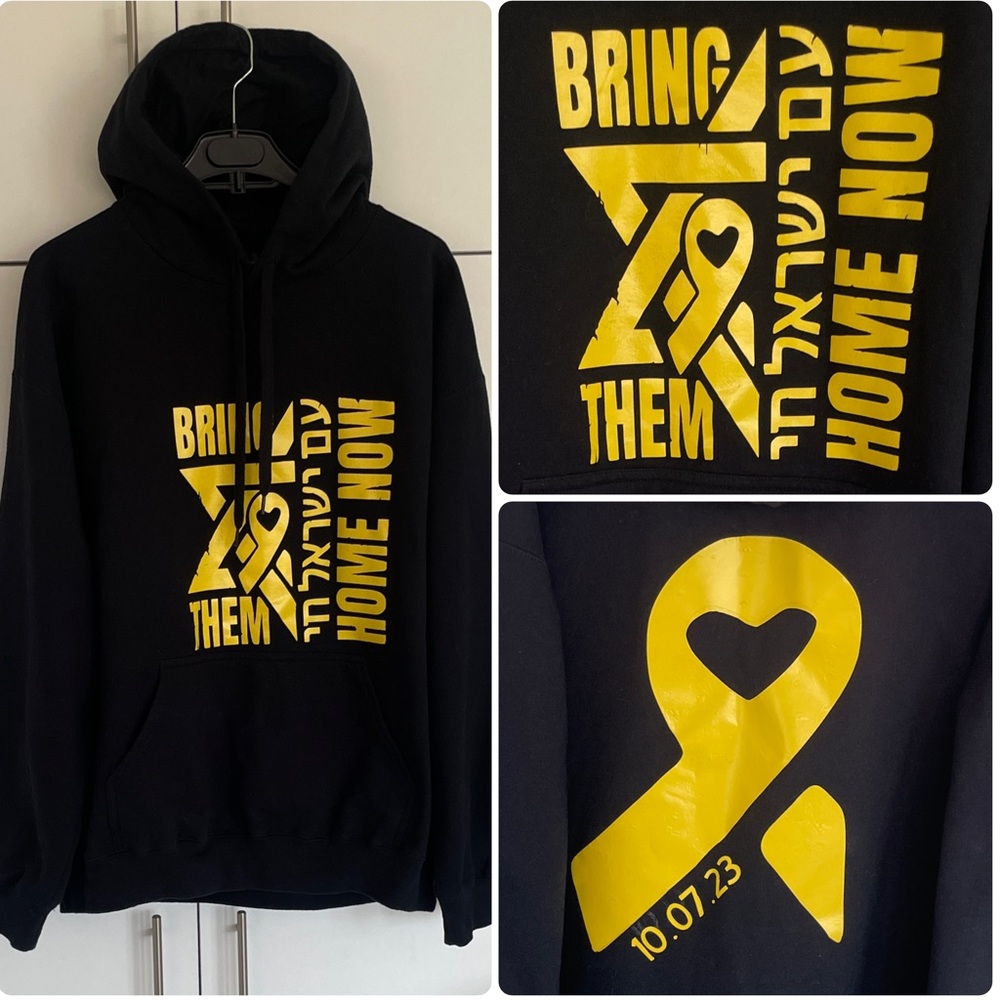 Bring Them Home Now Black Hoodie Yellow Graphic Sweatshirt Unisex XL NWOT